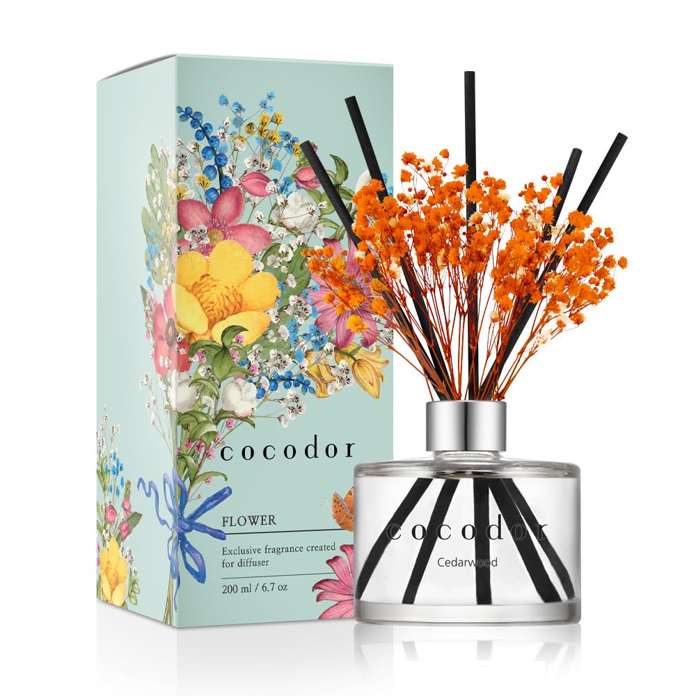 COCODOR Preserved Flower Reed Diffuser/Cedar Wood/6.7oz/1Pack / Home Fragrance Scent Essential Oil Stick Diffuser for Bedroom
