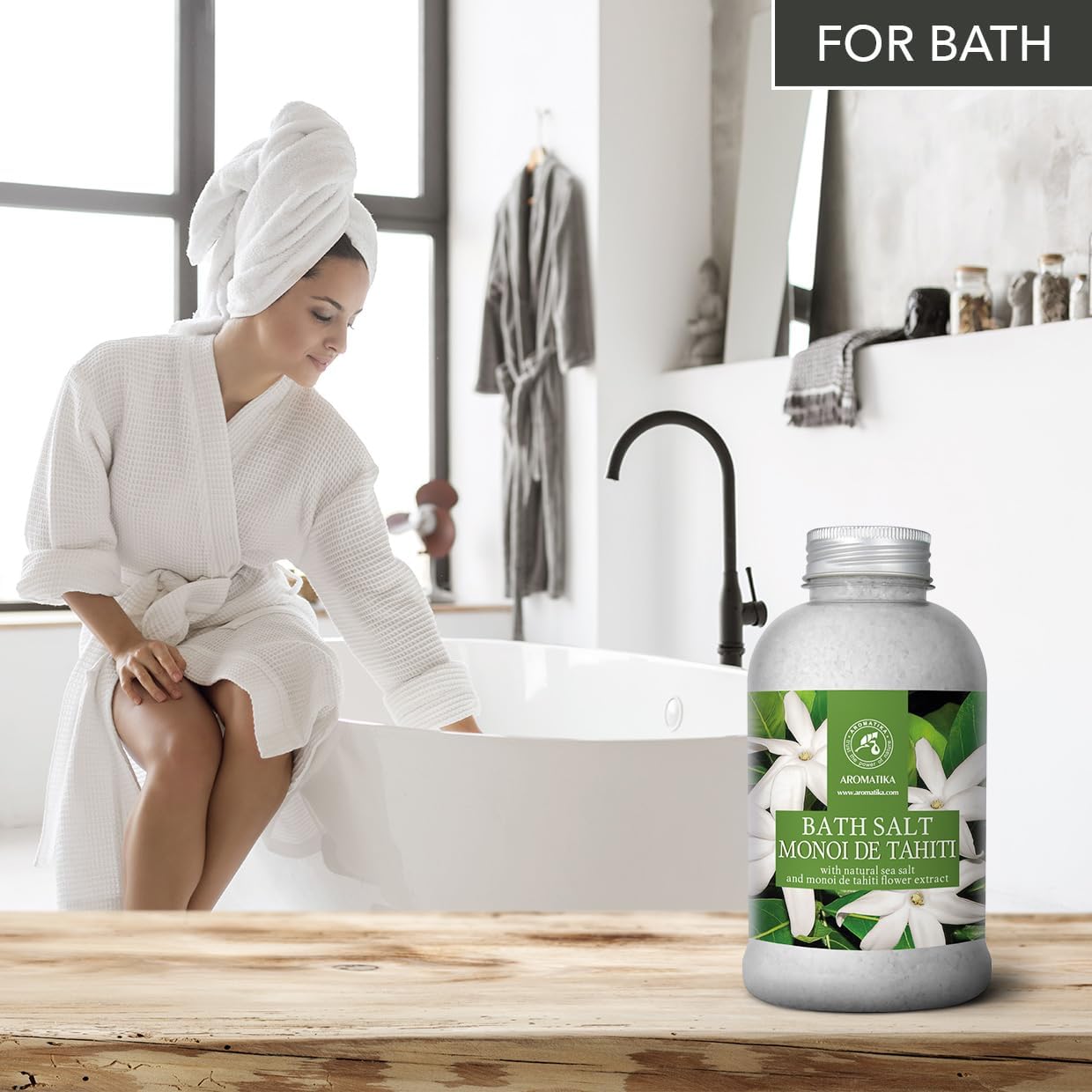 AROMATIKA Bath Salt Monoi de Tahiti 21.16 Oz (600g) - Coconut and Gardenia Flowers Scent - Relaxing Bath - Good Sleep - Aromatherapy - Sea Salt Bath
