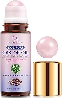 Bealions Organic Castor Oil Rose Quartz Roller Ball | Reduces Fine Lines, Wrinkles & Under-eye Puffiness, Promotes Thicker, Longer-looking Lashes and Brows, Gifts for Women 35+