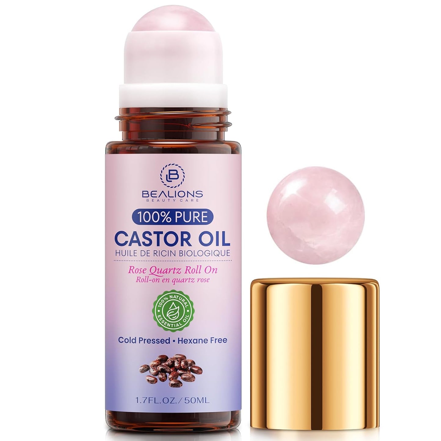 Bealions Organic Castor Oil Rose Quartz Roller Ball | Reduces Fine Lines, Wrinkles & Under-eye Puffiness, Promotes Thicker, Longer-looking Lashes and Brows, Gifts for Women 35+