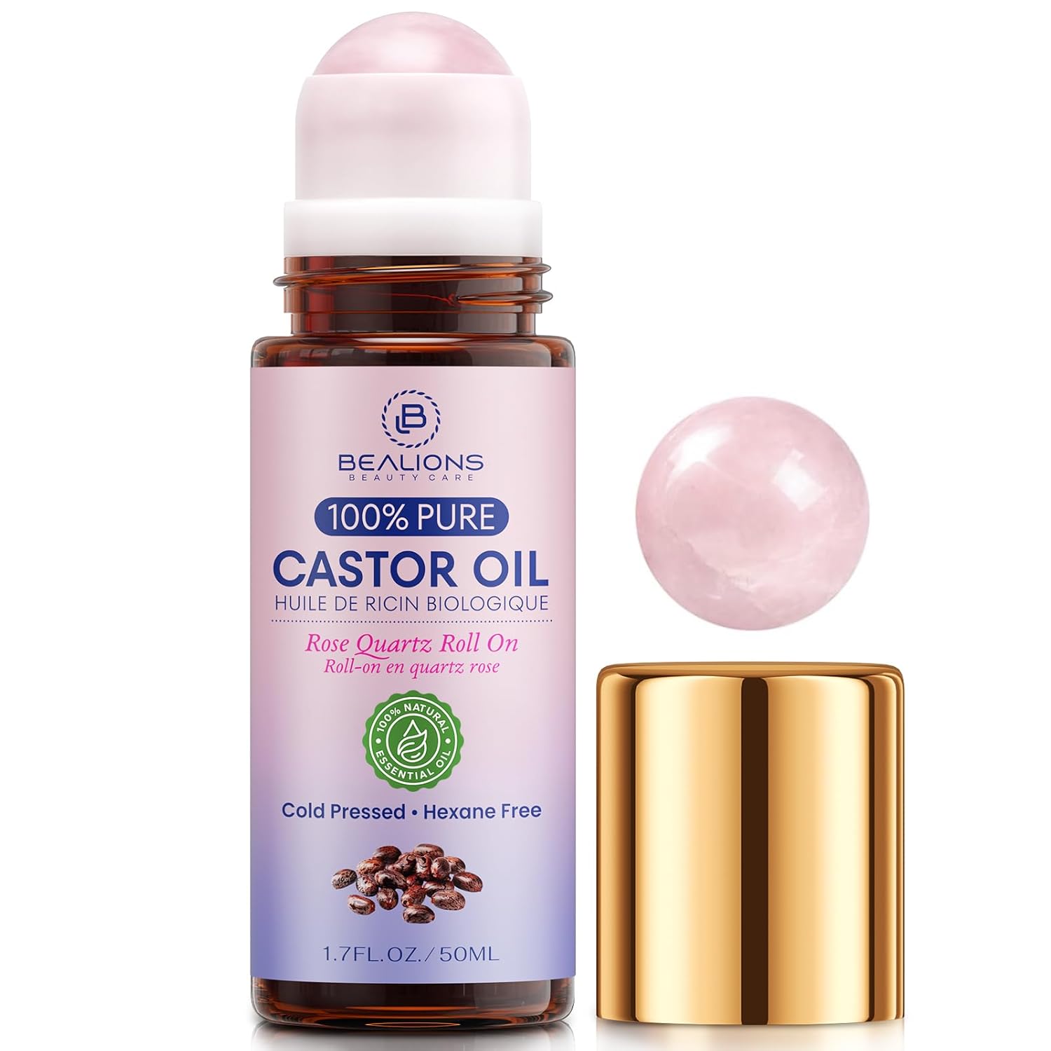 Bealions Organic Castor Oil Rose Quartz Roller Ball | Reduces Fine Lines, Wrinkles & Under-eye Puffiness, Promotes Thicker, Longer-looking Lashes and Brows, Gifts for Women 35+