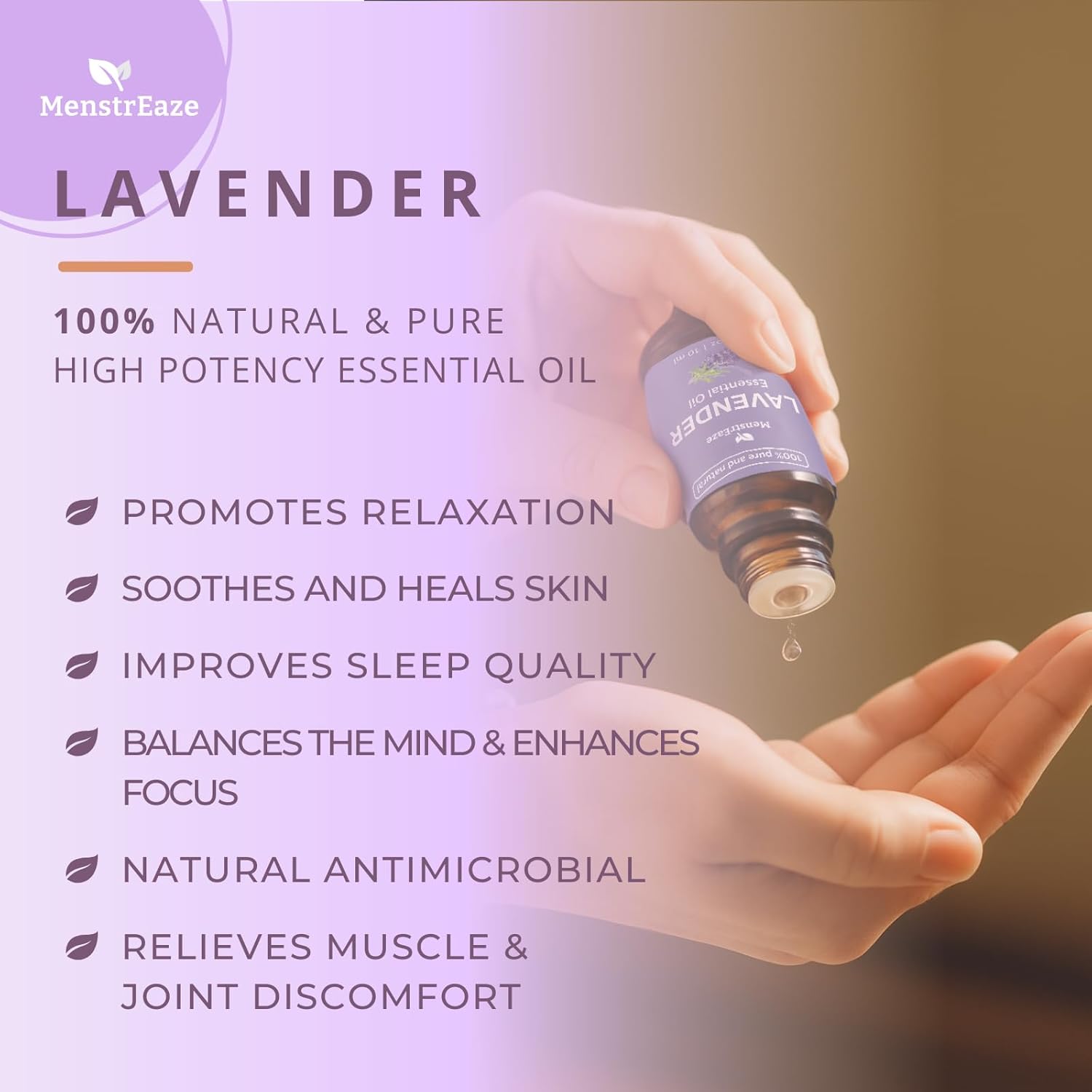 Lavender Essential Oil for Skin and Hair, 100% Pure & Natural Therapeutic Grade, Skin Safe & Ready to Use for Massage, Better Sleep, Aromatherapy, & Diffuser, High Potency, 10ml