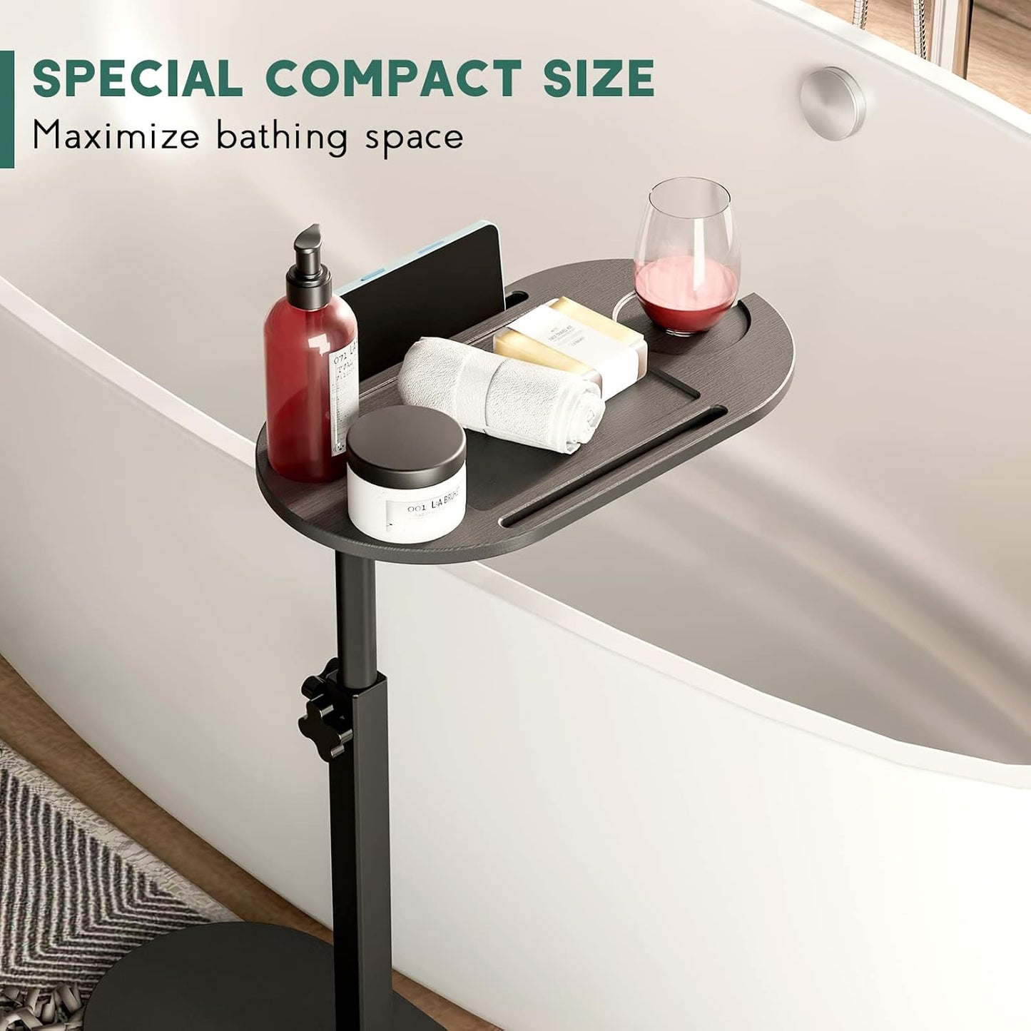 Yumkfoi Bamboo Bathtub Tray Table with Adjustable Height, Freestanding Bathtub Caddy for Tub Against Wall, Tub Organizer Suitable for Luxury Spa and House Warming - Patent Protected (Black)