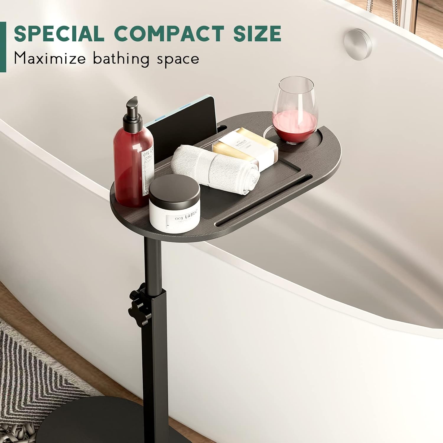 Yumkfoi Bamboo Bathtub Tray Table with Adjustable Height, Freestanding Bathtub Caddy for Tub Against Wall, Tub Organizer Suitable for Luxury Spa and House Warming - Patent Protected (Black)