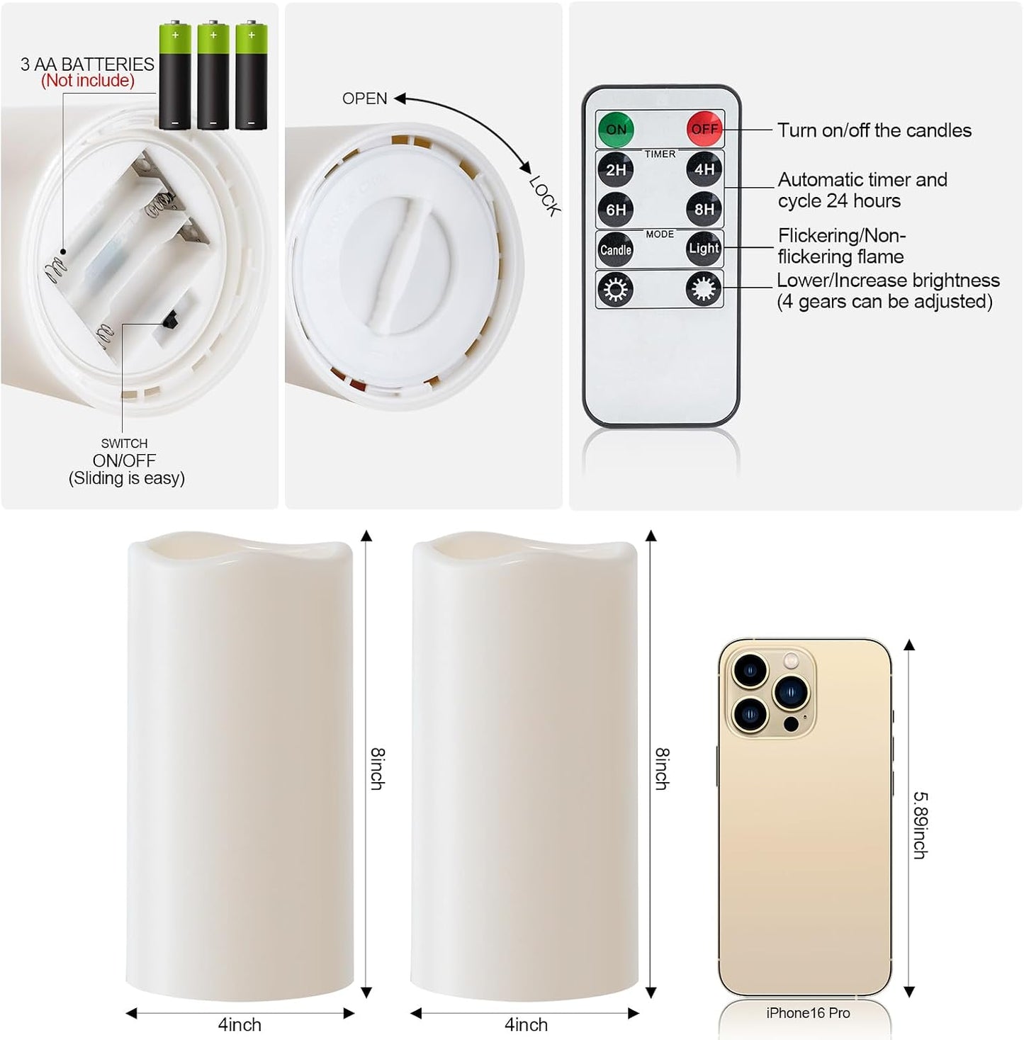 Amagic 2 Pack 8" x 4" Outdoor Plastic Electric flameless Candles with Remote Control and Timer, Battery Operated Flickering LED Pillar Fake Candle for Home, Wedding Decor, Ivory