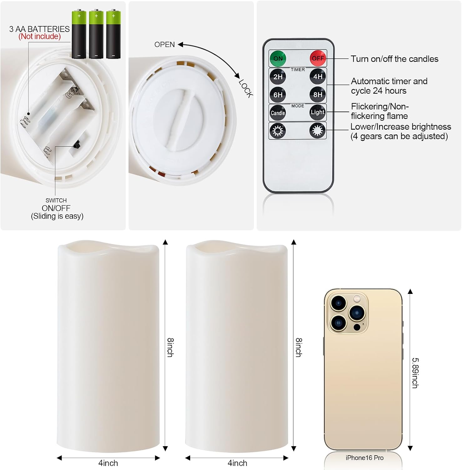 Amagic 2 Pack 8" x 4" Outdoor Plastic Electric flameless Candles with Remote Control and Timer, Battery Operated Flickering LED Pillar Fake Candle for Home, Wedding Decor, Ivory