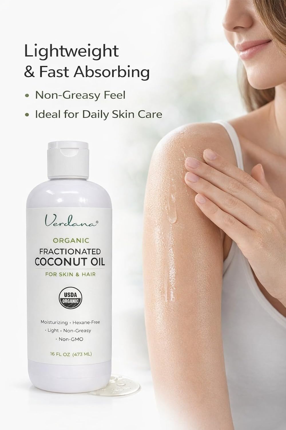 Verdana Organic Fractionated Coconut Oil for Skin & Hair – Lightweight, Fast Absorbing Carrier Oil for Essential Oils, Body & Scalp Care – USDA Organic, Unscented