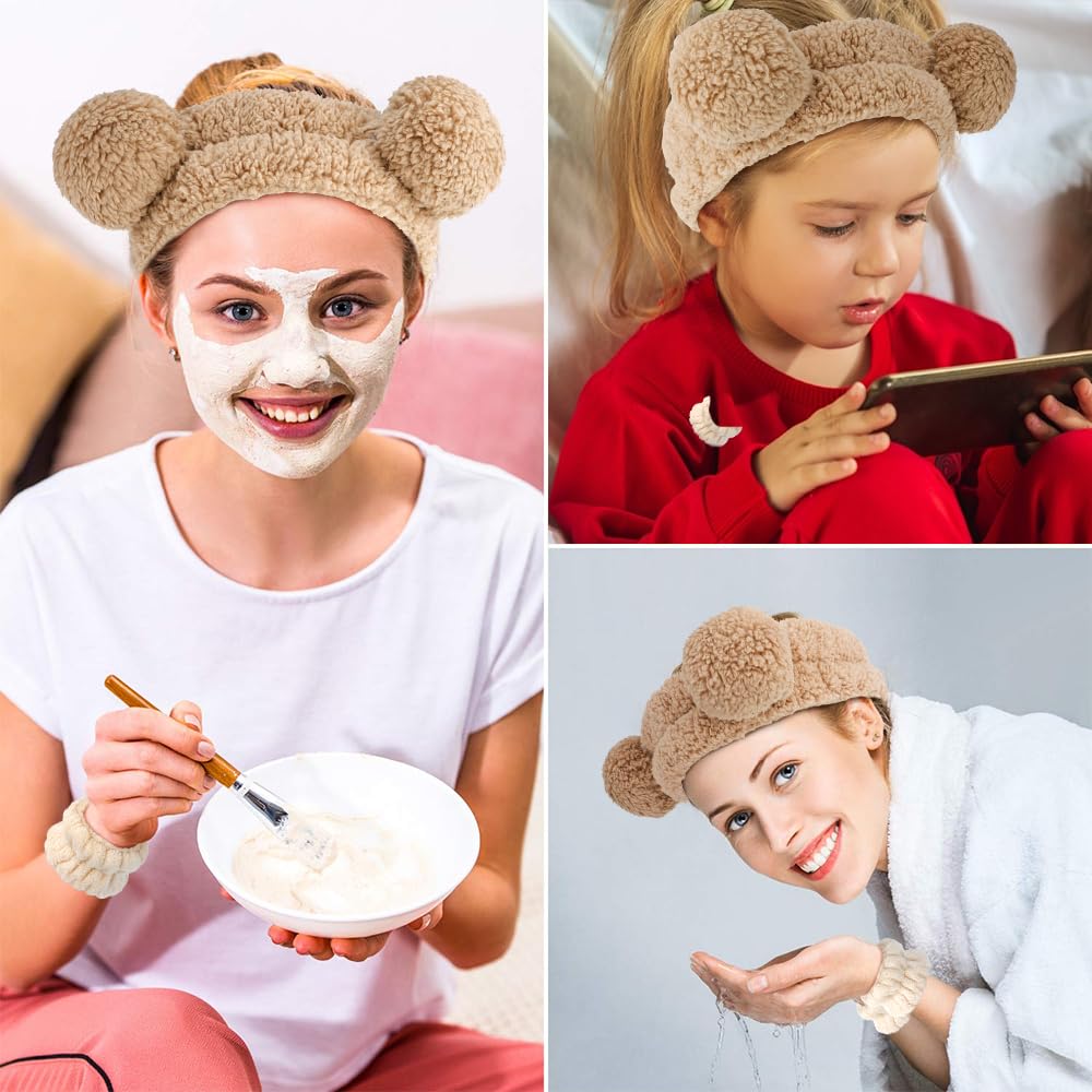 AHONEY Spa Bear Ears Headband, Face Wash Headband and Wristband Set, Cute Fluffy Makeup Skincare Headbands Wrist Bands for Washing Face Elastic for Women Girls Cosmetic (Khaki)