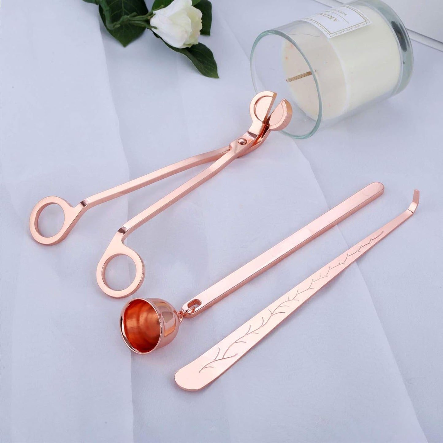 3 in 1 Candle Snuffer Set, MUXSAM Candle Accessory Set with Candle Wick Trimmer, Candle Snuffer and Candles Wick Dipper Candle Cutter Kit Candle Care Tools for Candle Lovers Family Party(Rose Gold)