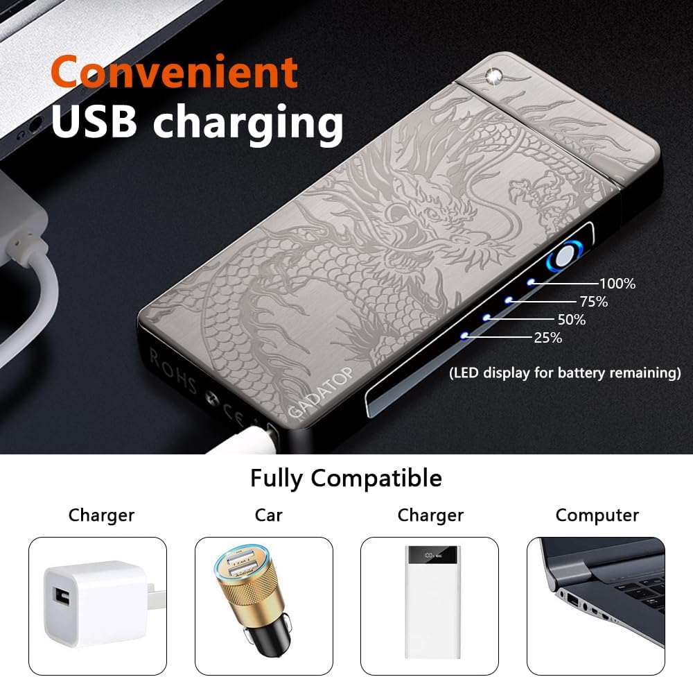 GADATOP Dragon Arc Plasma Flame Lighter - USB Rechargeable Windproof Electric Lighter for Candle (Black)