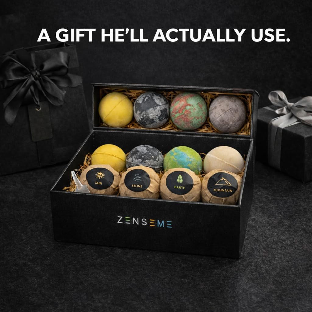 Bath Bombs for Men, Gift Set of 8 Scented Organic Handmade Bath Bombs of 2.5 oz with Natural Essential Oils for Boyfriend, Husband, Father or Friend, by ZenseMe