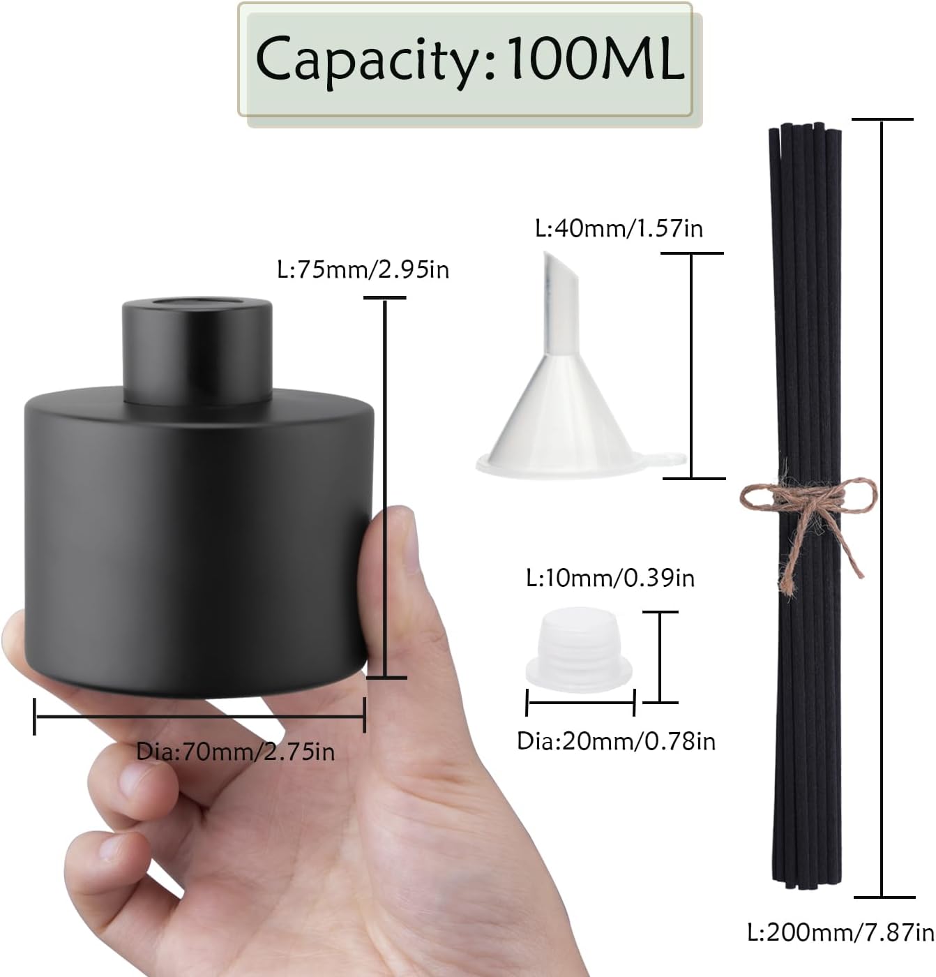 4PCS 100ML Glass Diffuser Bottles Black, Refillable Empty Perfume Fragrance Reed Bottles with 20pcs Reeds Sticks & Caps & Funnel, Diffuser Jars for DIY Fragrance Oil Wedding Party Decoration Gift