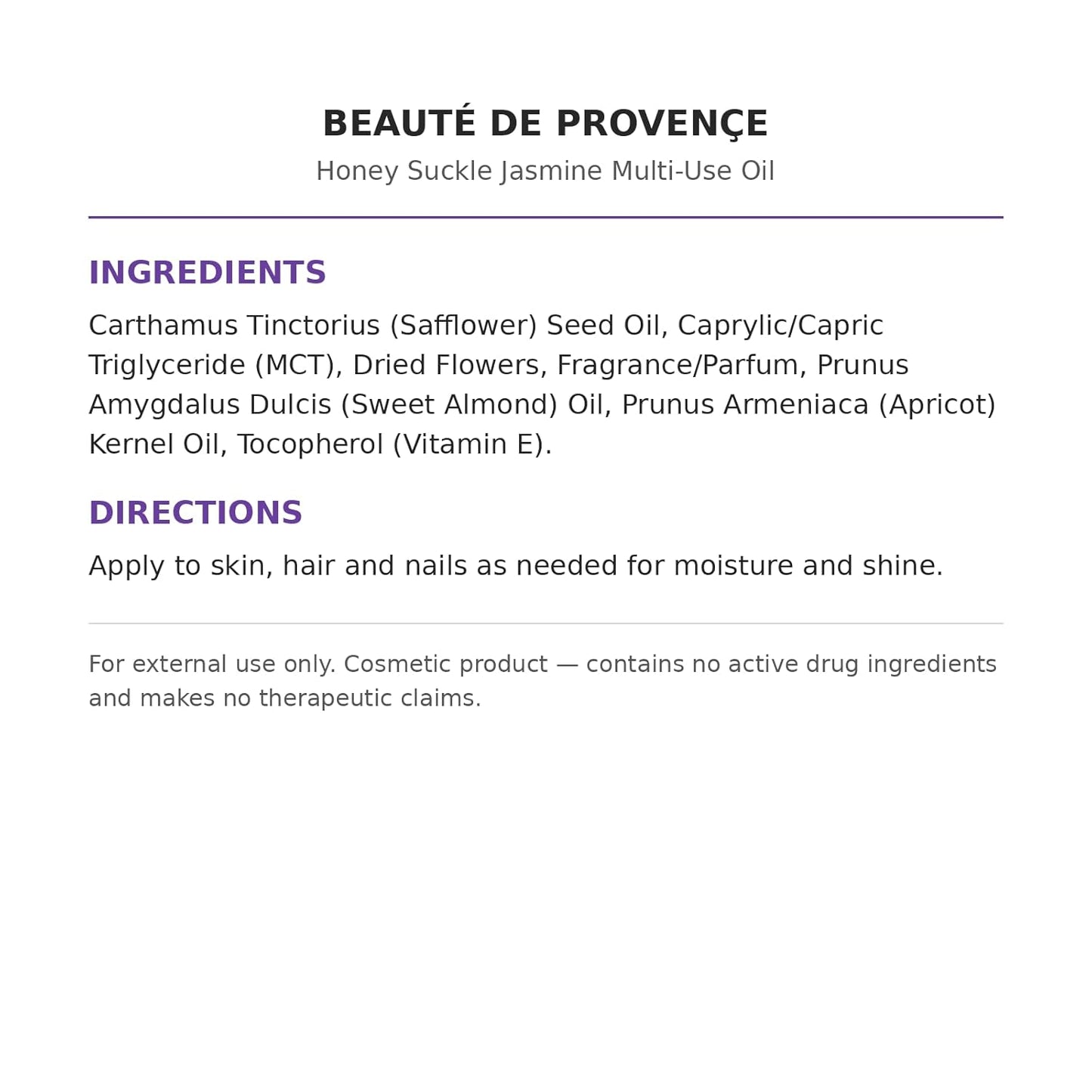 BEAUTE DE PROVENCE Honey Suckle Multi-Use Face, Body & Hair Oil - Hydrates Skin, Restores Shine - With Apricot, Coconut Oil & Vitamin E - 4 Fl Oz