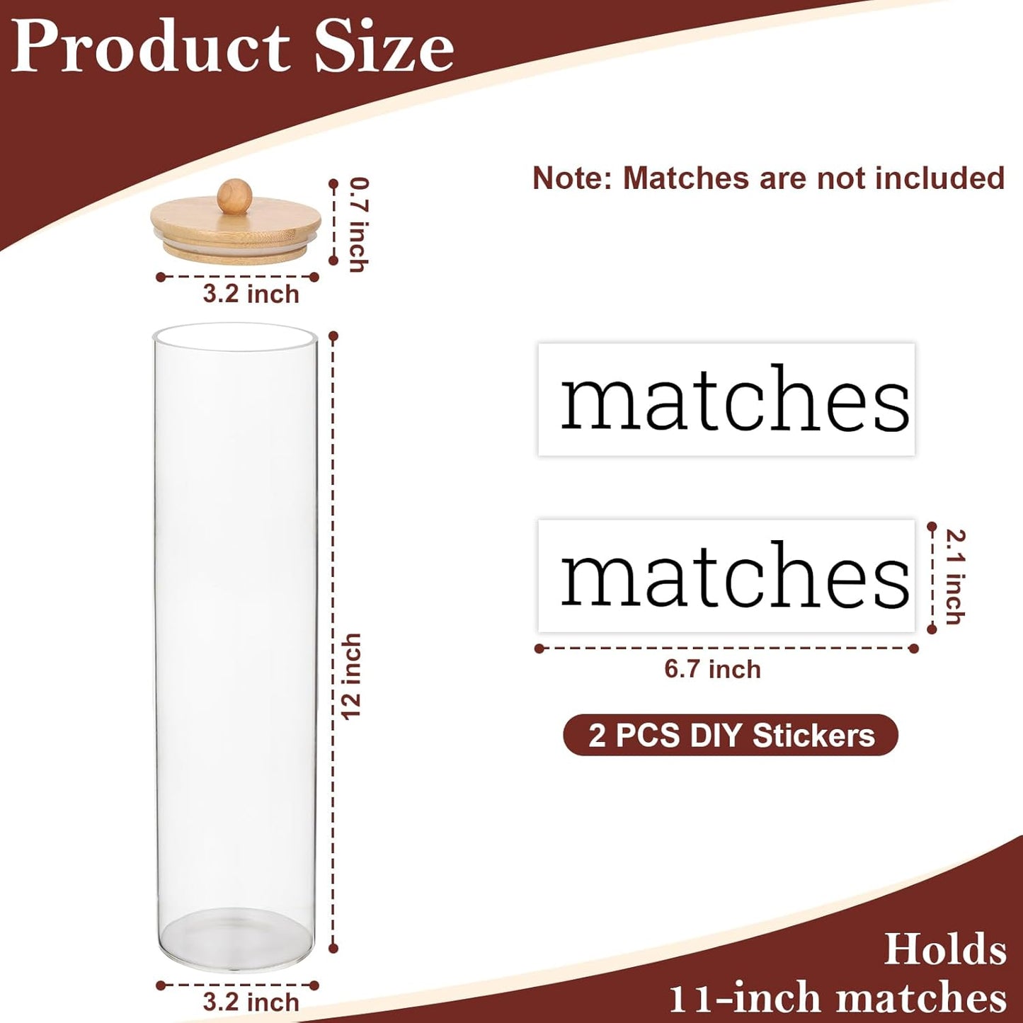 Acrylic 11 inch Long Matches Holder with Lid Sticker Farmhouse Match Holder for Fireplace Farmhouse Decor (No Include Matches)
