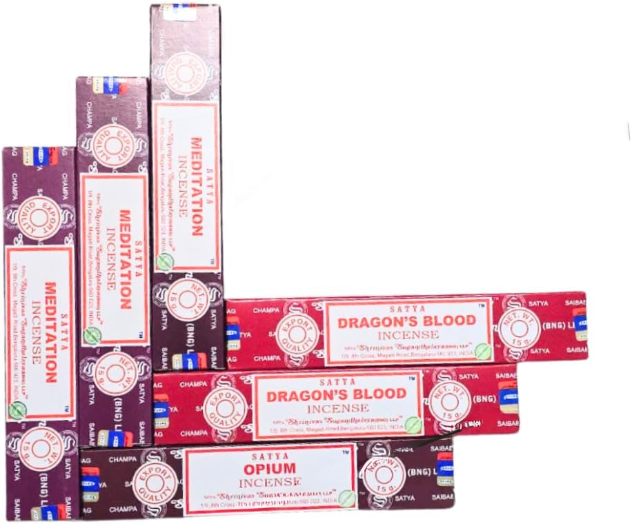 Satya with ANKCIENSE Incense Holder Pack of 3 fragrances Variety Pack of 90 Sticks. Meditation, Dragon Blood & Opium Insense Insence