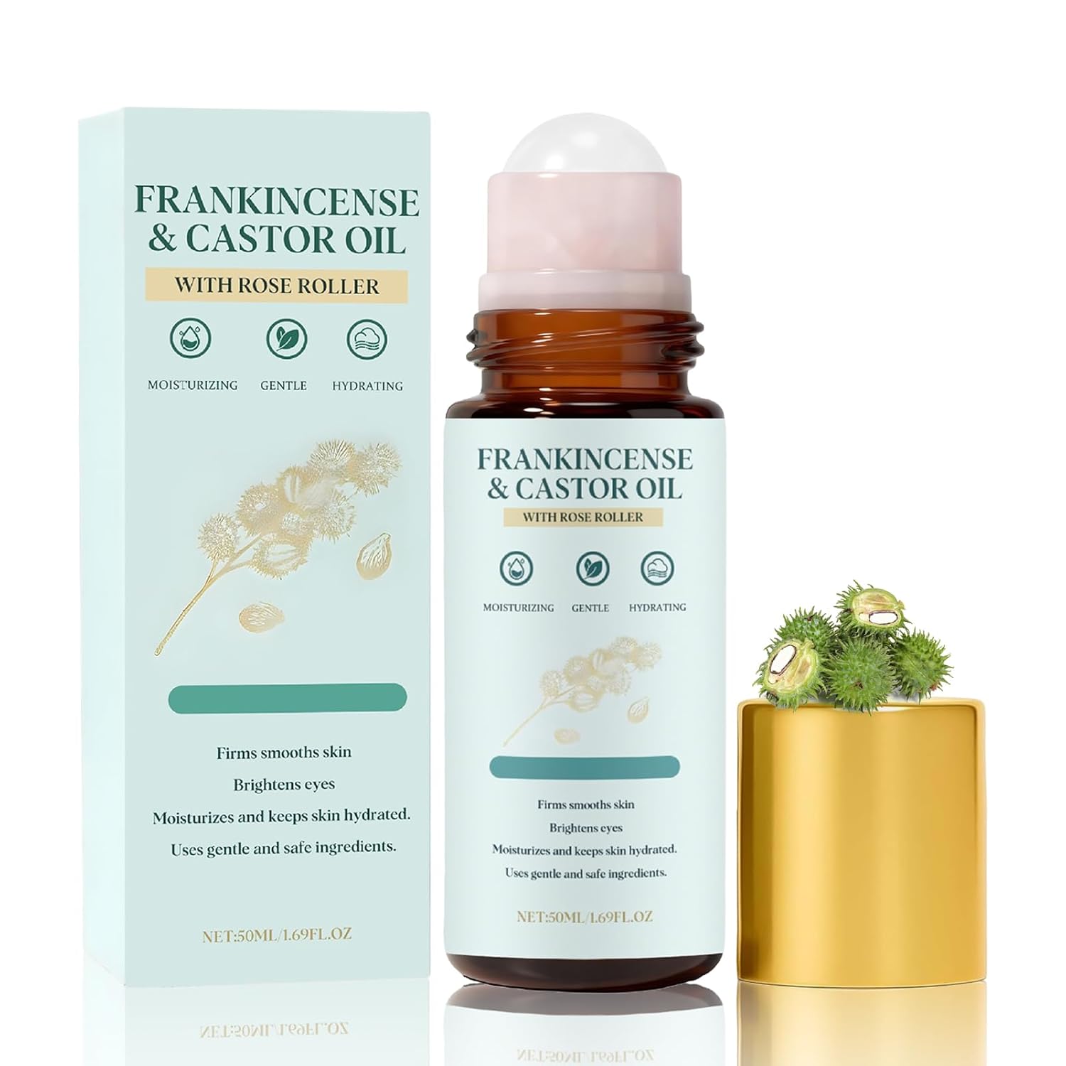 Organic Frankincense & Castor Oil Roll On 1.69oz, 100% Pure Hexane Free, Lightweight Non Greasy Fast Absorbing, Superior Texture Hydrating Oil for Face Under Eye Brows Lashes, Vegan Premium Care