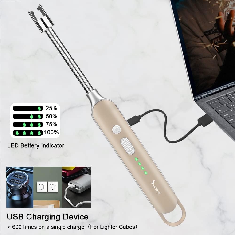 SUPRUS Electric Rechargeable Arc Lighter with LED Battery Display Long Flexible Neck USB Lighter for Candle Cooking (Champagne)