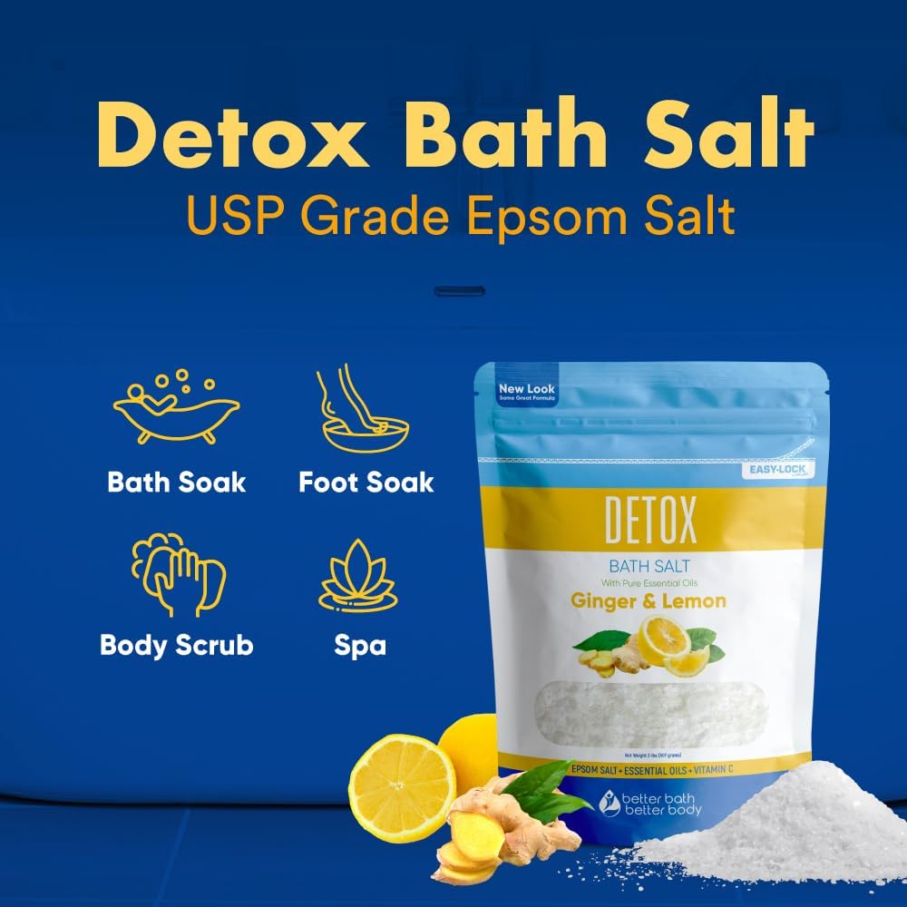 Detox Bath Salt 32 Ounces (2 Lbs) USP Grade Epsom Salt with Natural Ginger and Lemon Essential Oils Plus Vitamin C in BPA Free Pouch with Easy Press Lock Seal Made in USA