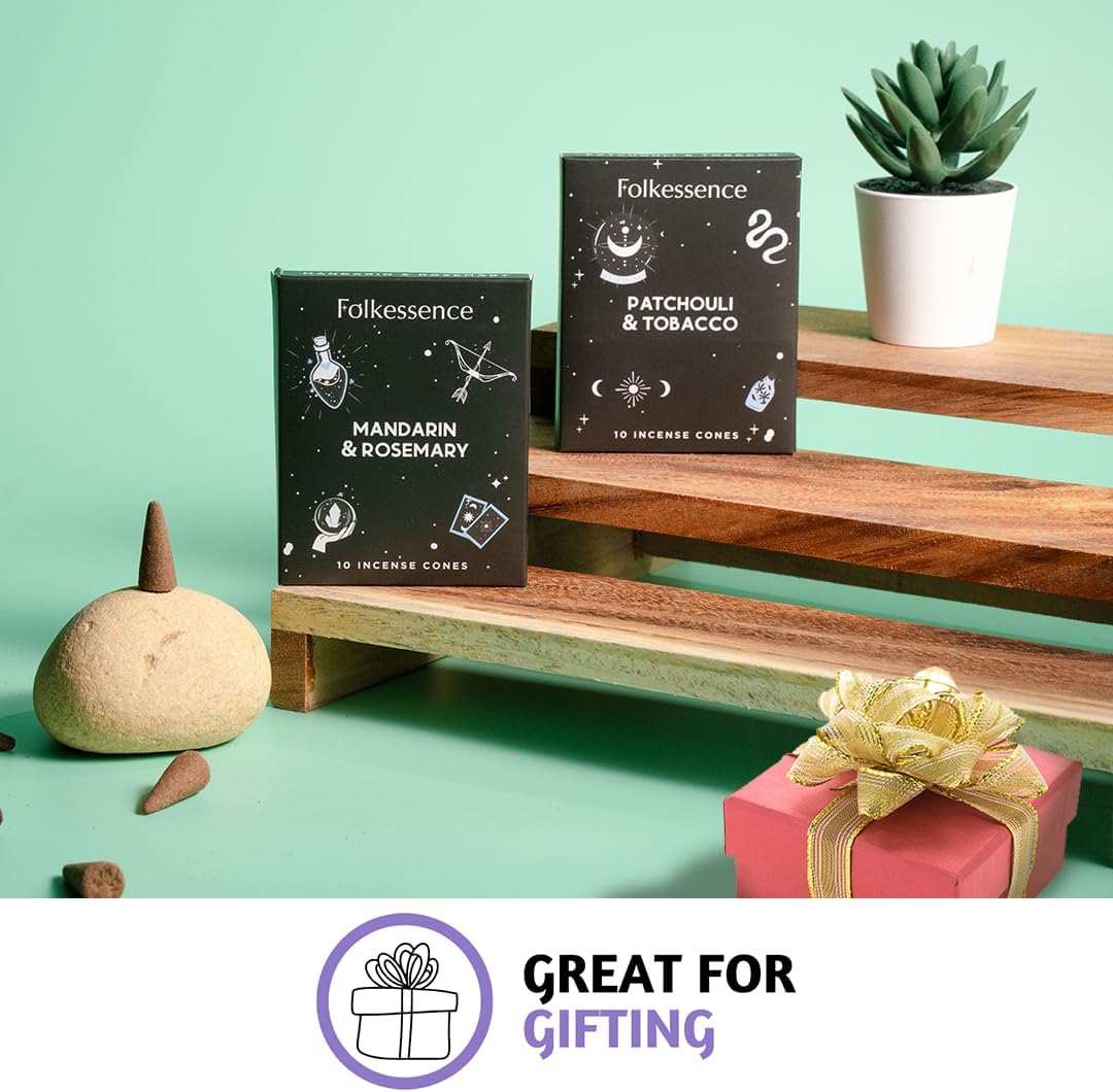 Folkulture Incense Cones (20 Cones) | Set of 2 Premium Insence Cones For Meditation, Cleansing, Aromatherapy, Focus Gifts | No Charcoal, Organic, Non Toxic Rosemary, Tobacco & Patchouli Inscents-Cones