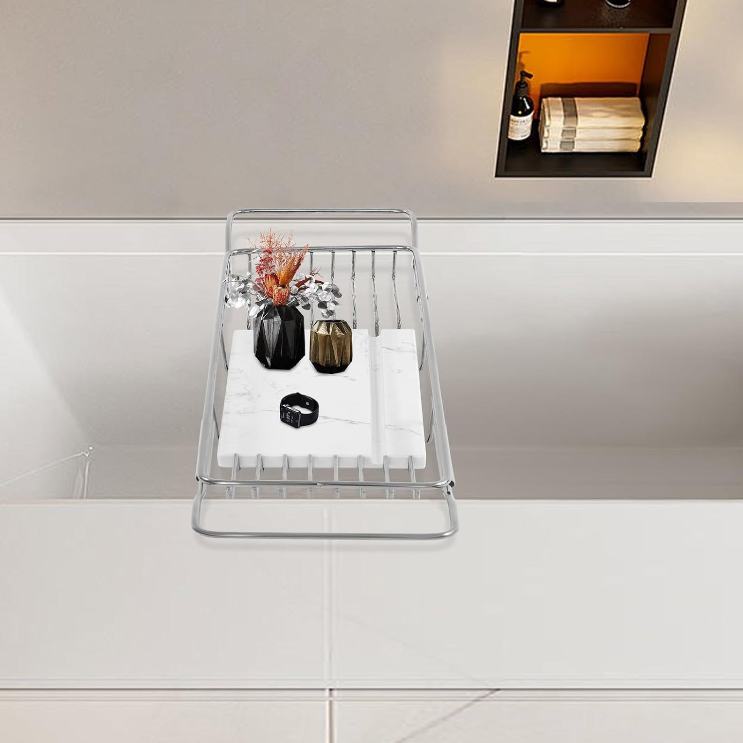 Stainless Steel Bathtub Tray with Removable Marble Board,Extendable Rectangular Bathtub Tray,Adjustable Bath Caddy Board for for Bath Bombs, Spa, Shower (Silver+White)