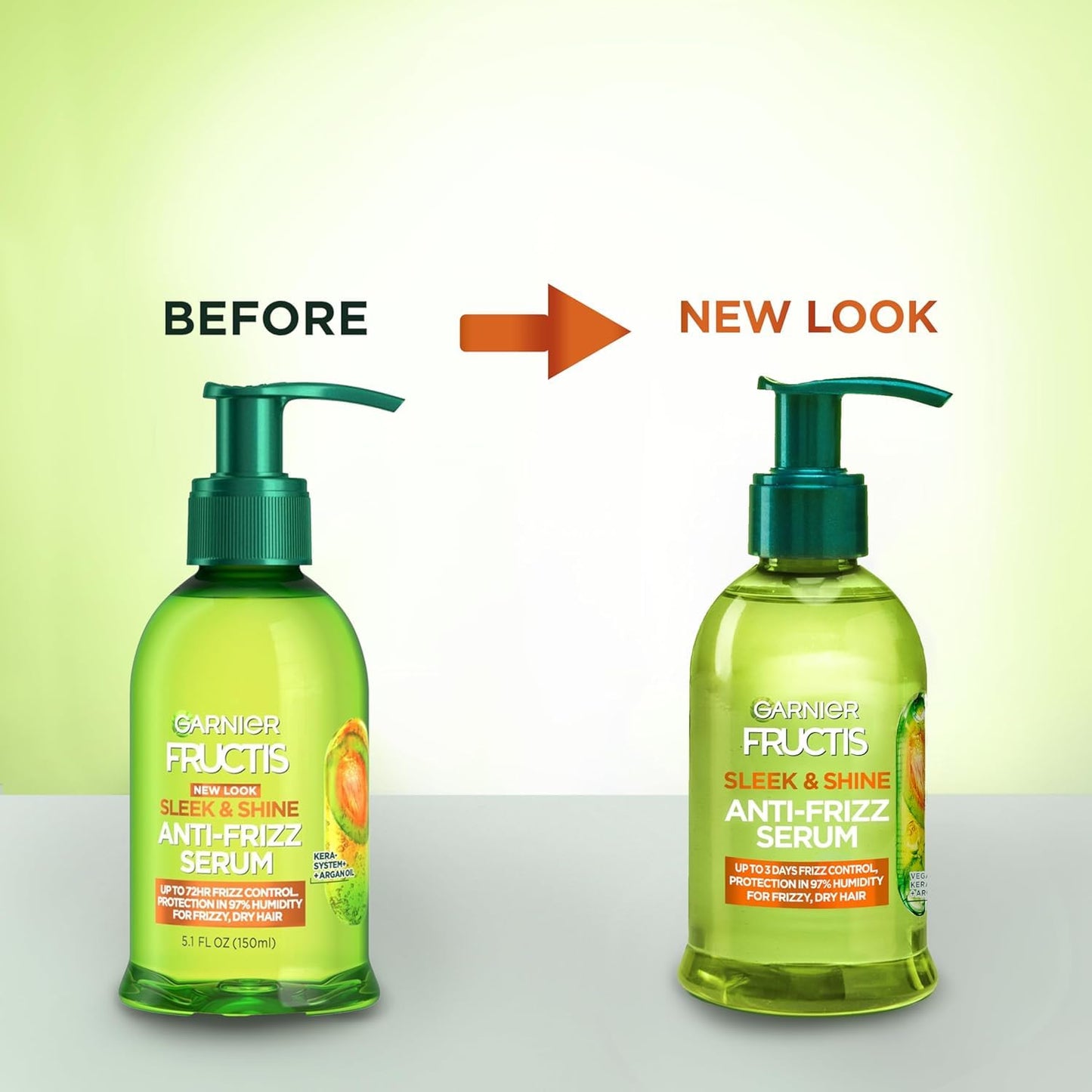 Garnier Fructis Sleek & Shine Anti-Frizz Serum, Leave-In Hair Treatment with Vegan Kera System + Argan Oil, Up to 72HR Frizz Control and Humidity Protection, For Frizzy, Dry Hair, 5.1 Fl Oz