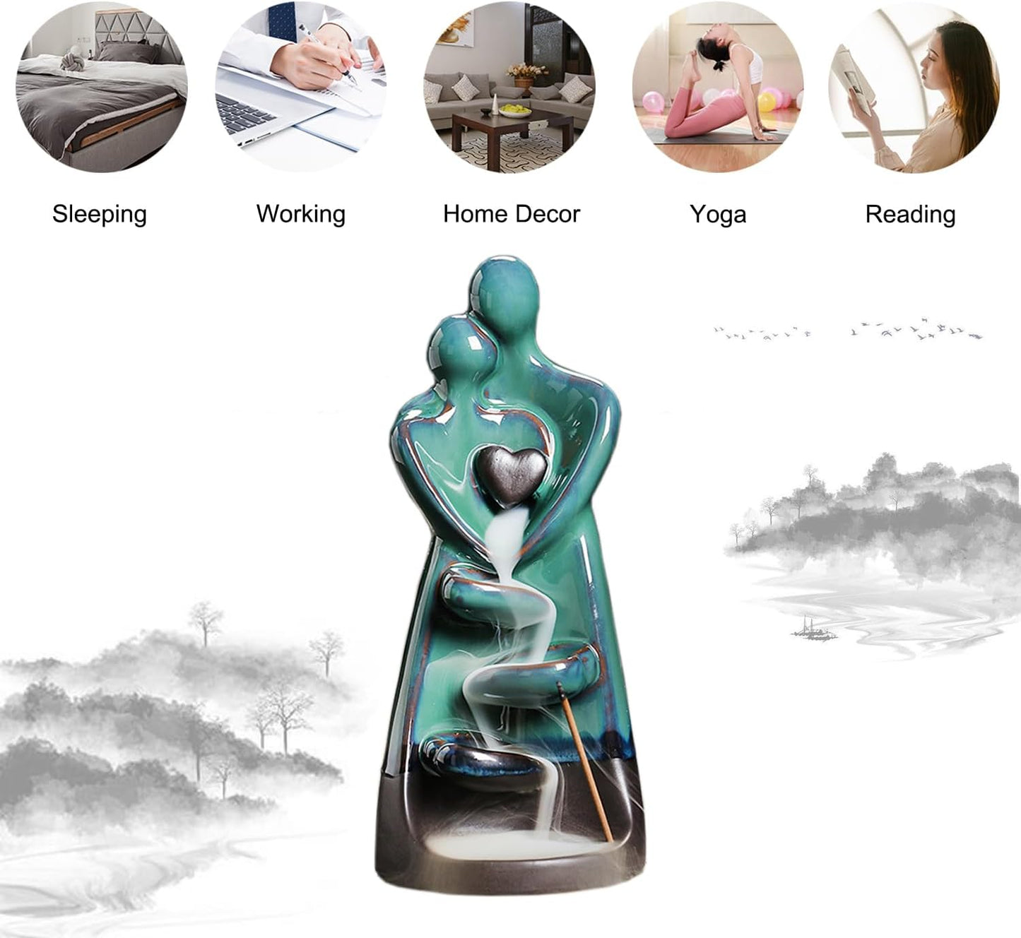 Ceramic Incense Holder, Creative Incense Waterfall Ornament, Backflow Incense Burner with 20 Cones + 30 Sticks, Zen Garden Yoga Meditation Home Decor