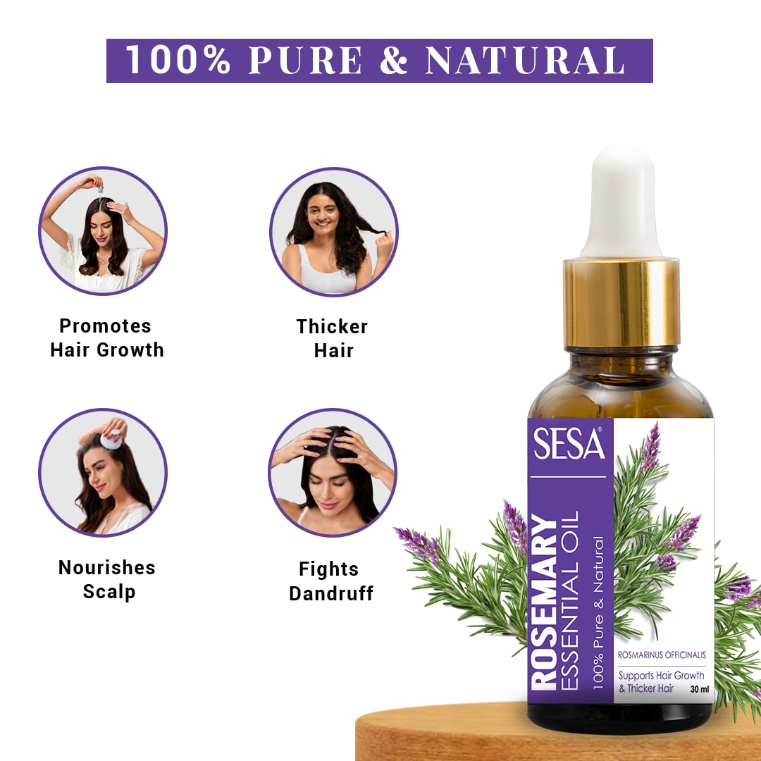 sesa Rosemary Essential Oil For Hair Growth Nourishes Skin Hair Fall Control | 100% Pure & Natural Rosemary Oil, 30 ml | Men and Women