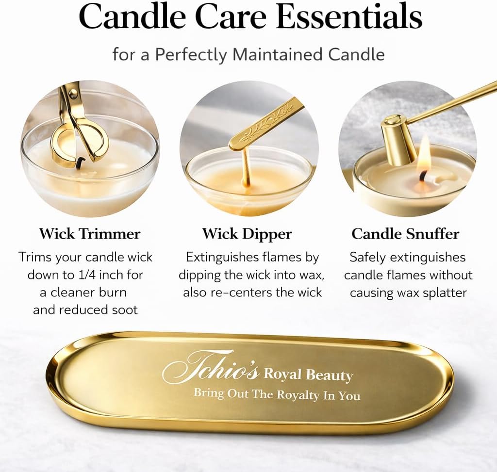 Candle Wick Trimming Set – 4-Piece Gold-Plated Kit with Decorative Tray – Wick Trimmer, Snuffer, Dipper – Luxury Gift Box Included