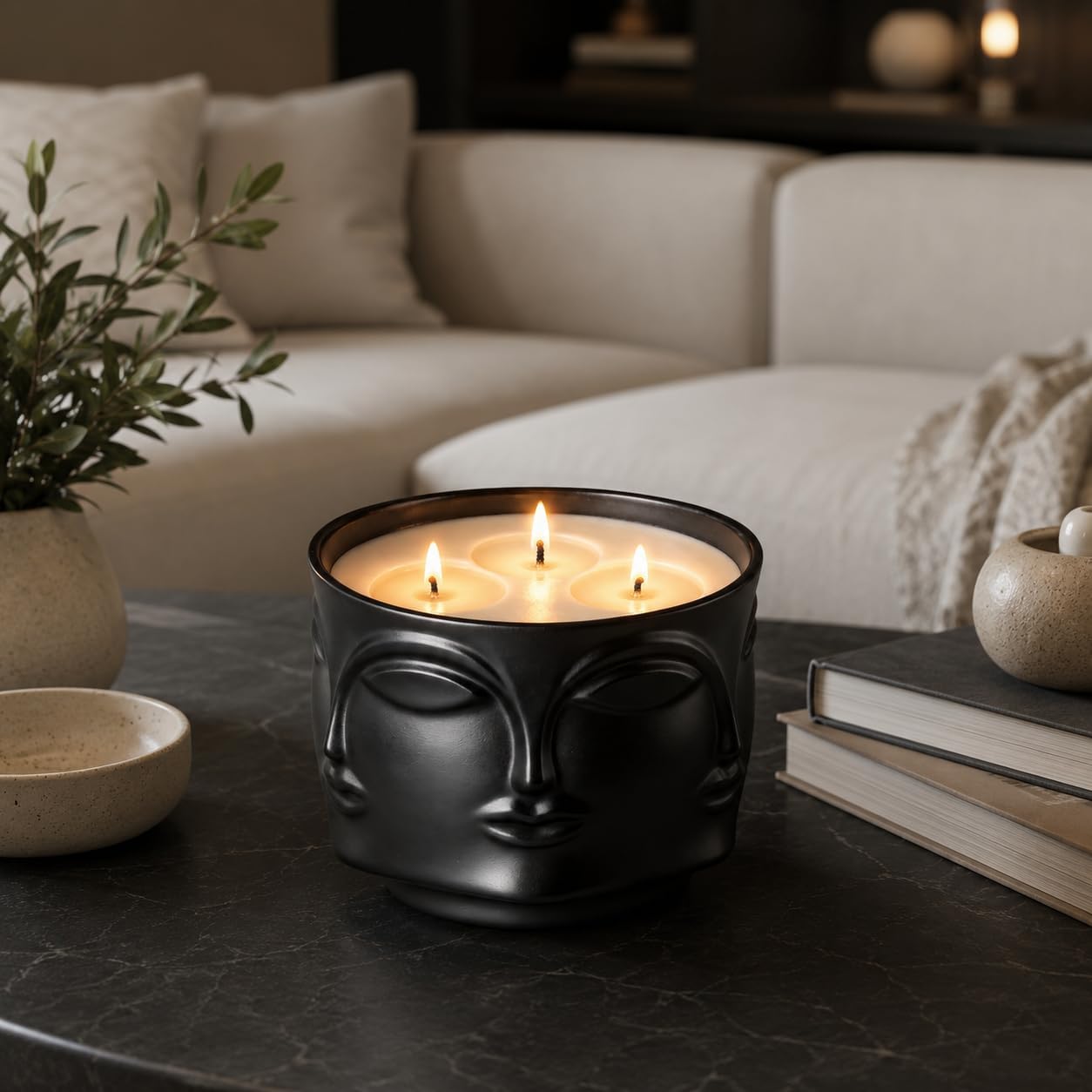 Viyffo 20oz Large Black Scented Candle – Vanilla Dreamscape & Amber Oud, 3 Wick Non Toxic Soy Candle, Matte Ceramic Jar, Luxury Home Fragrance, Modern Art Décor & Premium Birthday Gift for Men & Women