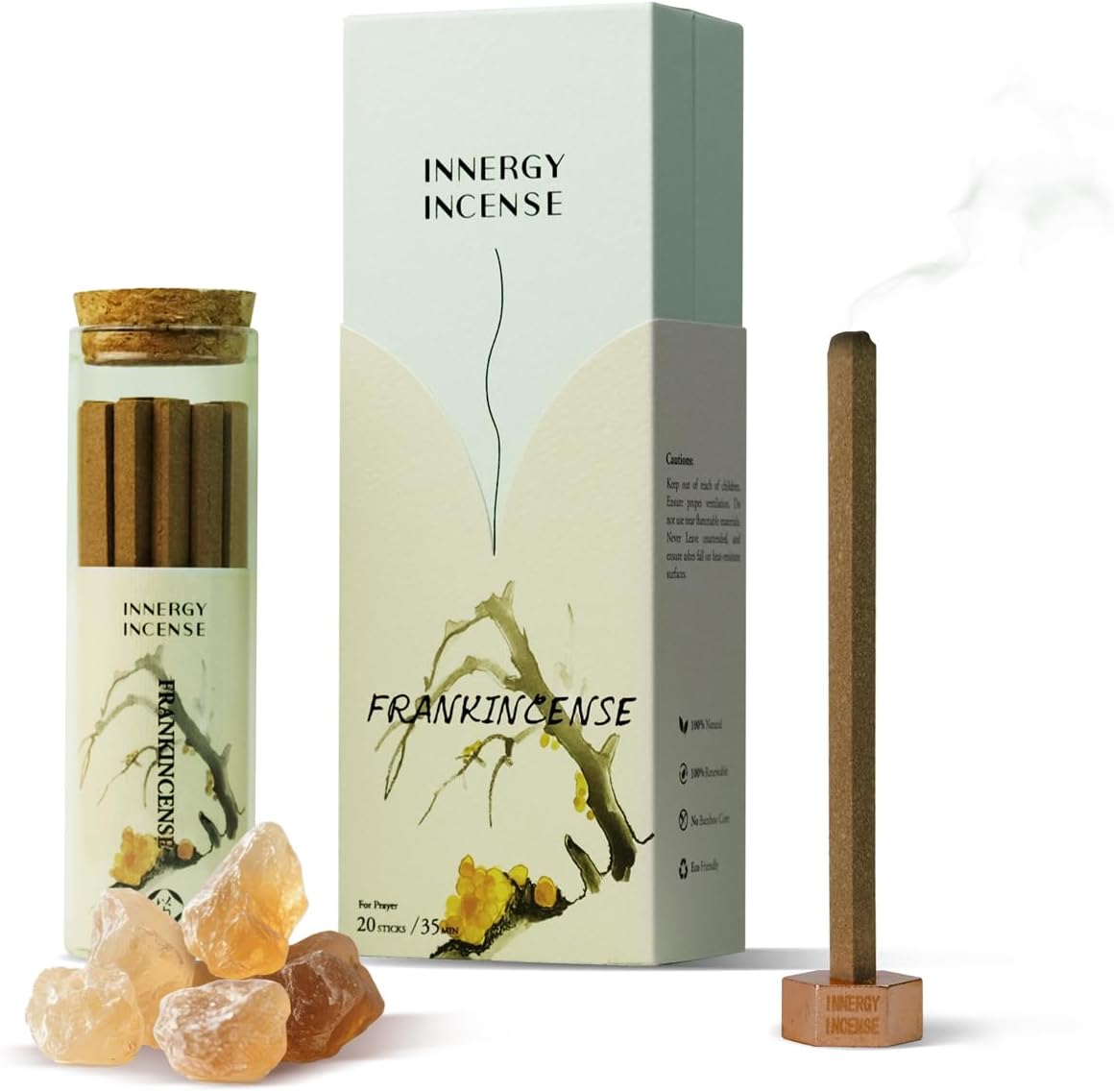 Innergy Frankincense Square Incense Sticks, No Bamboo Core, Gift Set | 100% natural, no synthetic fragrance or dyes, frankincense resin with sandalwood, meditation, ritual, 20 count