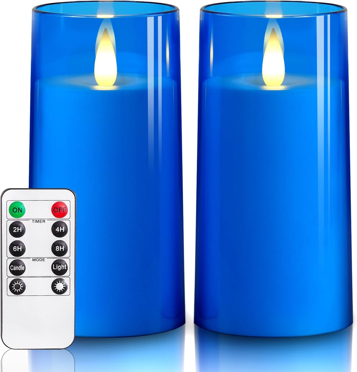 Homemory Realistic Flickering Flameless Candles, Battery Operated Candles, LED Fake Electric Candle with Remote Control and Timer for Home, Christmas Decoration, Blue, Set of 2 (H 6" 6")