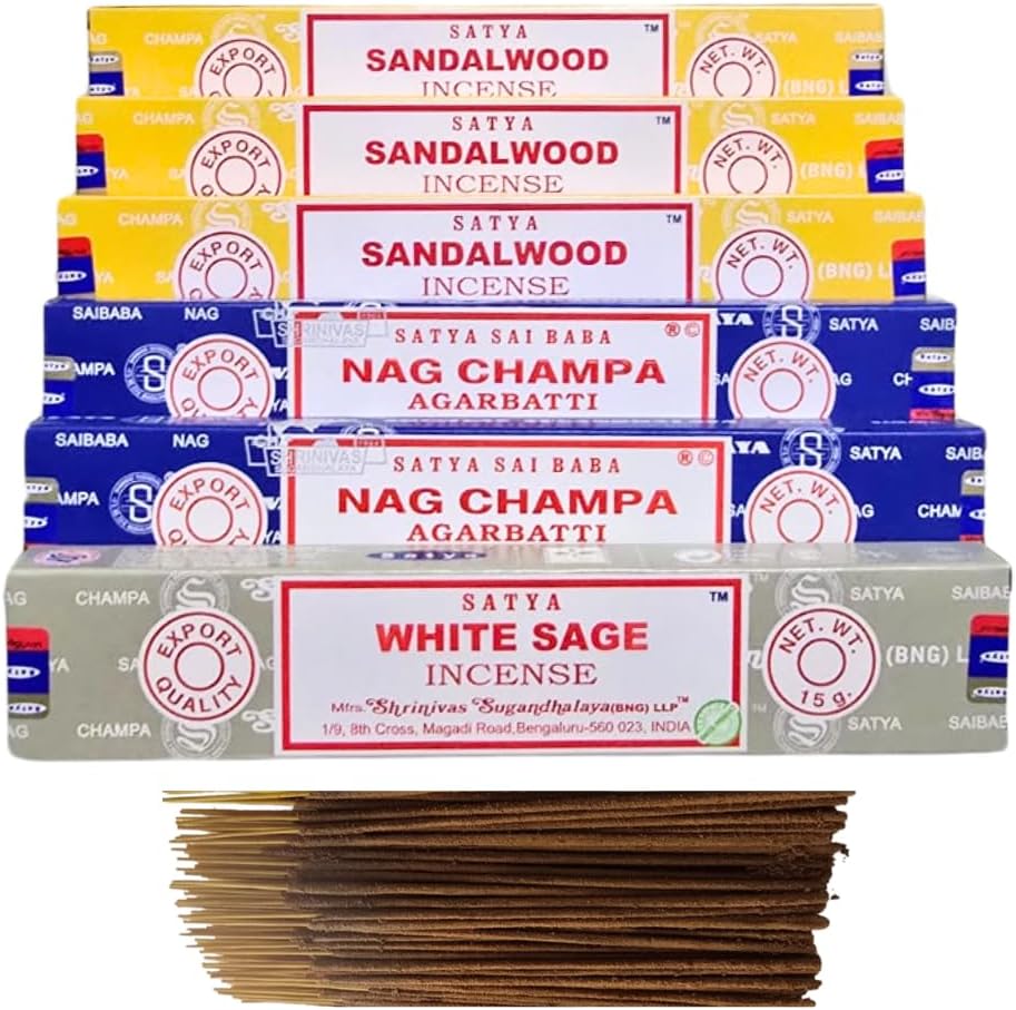 Satya Sandalwood, Nag Champa & White Sage with ANKCIENSE Incense Holder Pack of 3 fragrances Variety Pack of 90 Sticks Satya Nagchampa Natural Incense Insense Insence