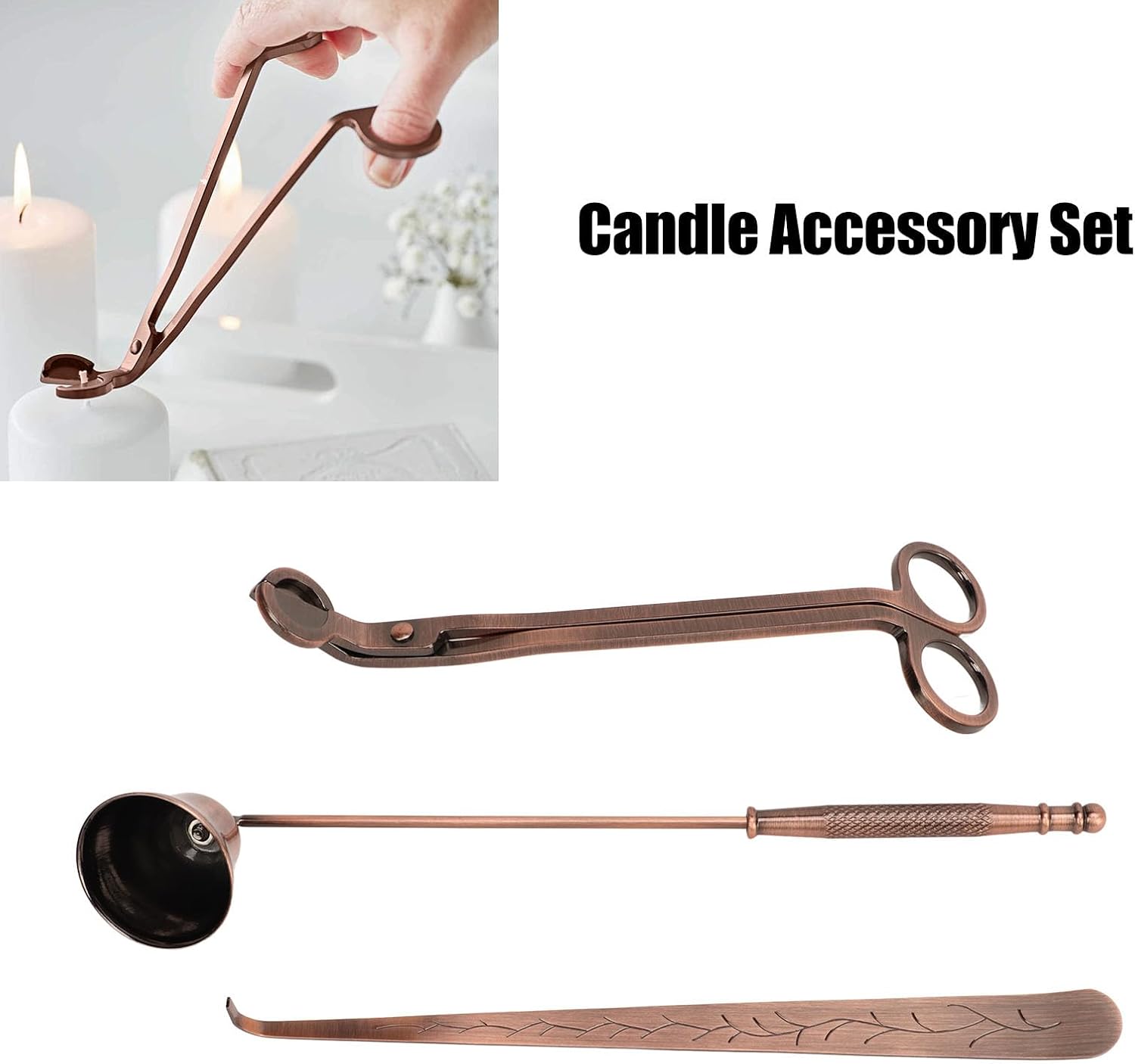 Candle Accessory Set 3 Piece Kit Stainless Steel Wick Trimmer Bronze Candle Snuffer and Cutter Tools for Candle Enthusiasts and Home Decor