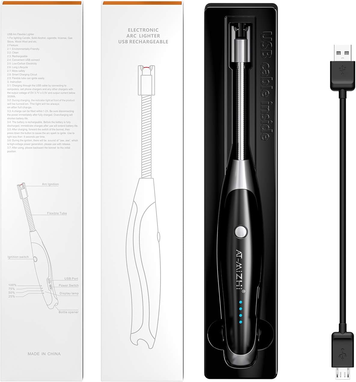 AT-Mizhi Electric Lighter - Rechargeable Long Neck Lighter with LED Flashlight for Candles, Camping & BBQ