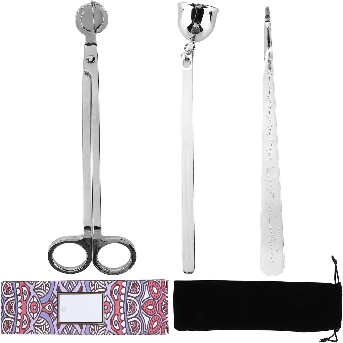 Silver Candle Tool Set, Stainless Steel Candle Wick Trimmer and Dipper, Elegant Design with Wick Scissors Hook and Extinguisher for Aromatherapy Candles, for Candle Lo