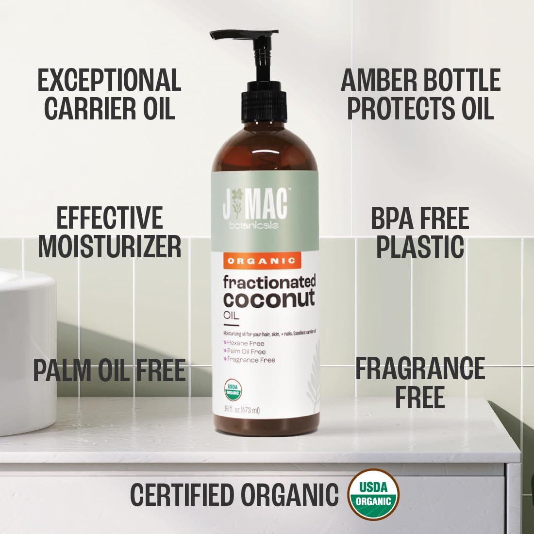 J Mac Botanicals, Organic Fractionated Coconut Oil (16 oz. with a Pump) Carrier Oil for diluting Essential Oils, Leave in Conditioner for Dry Damaged Hair, Skin, Massage