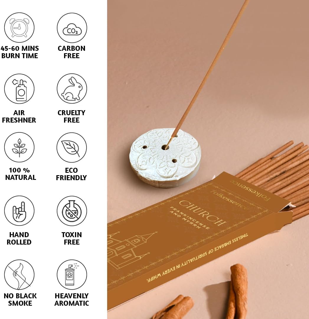 Folkulture Church Incense Sticks with Holder (100 Sticks) | Frankincense & Myrrh Catholic Incense Stick for Prayer, Daily Worship | No Charcoal,Organic,Non Toxic, 45 Mins, Long Burning Insence-Sticks