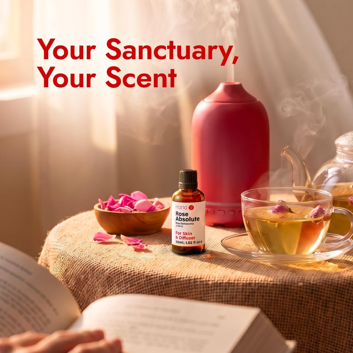 H'ana 100% Pure Rose Essential Oil for Aromatherapy- 1.02 Fl Oz