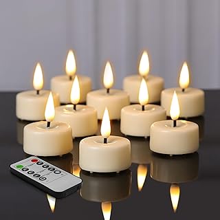 Eywamage Ivory Flameless Wax Tealights with Remote Batteries, Flickering Realistic LED Tea Votive Candles Set of 10