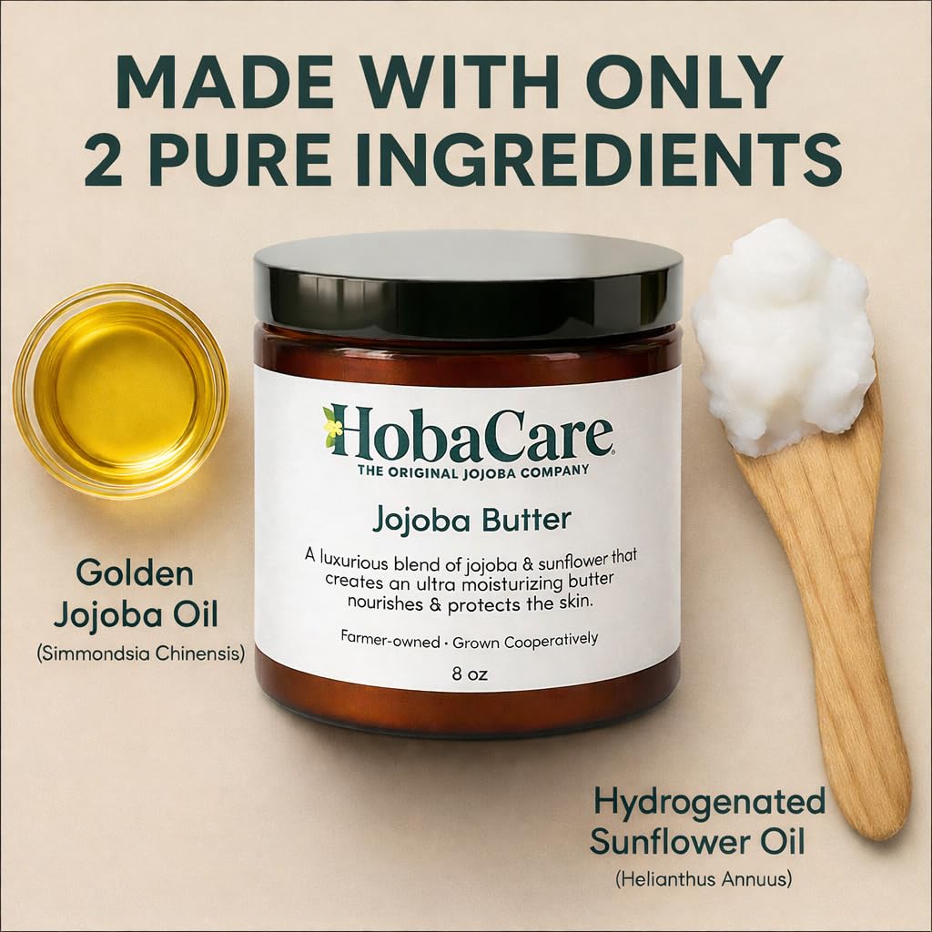 HobaCare Jojoba Butter, Fragrance-Free Body Butter Base with Natural First-Press Pure Jojoba Oil - Softening, Moisturizing, Vegan, Cruelty-Free Cream for Skin & Hair (8 oz)