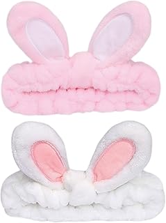 musejoy 2 Pcs Headband Bunny Ears Headband Cute Spa Headbands for Washing Face Skincare Makeup Headbands for Women Girls Trendy Stuff Present Soft Coral Fleece Hair Accessories(Pink+White)