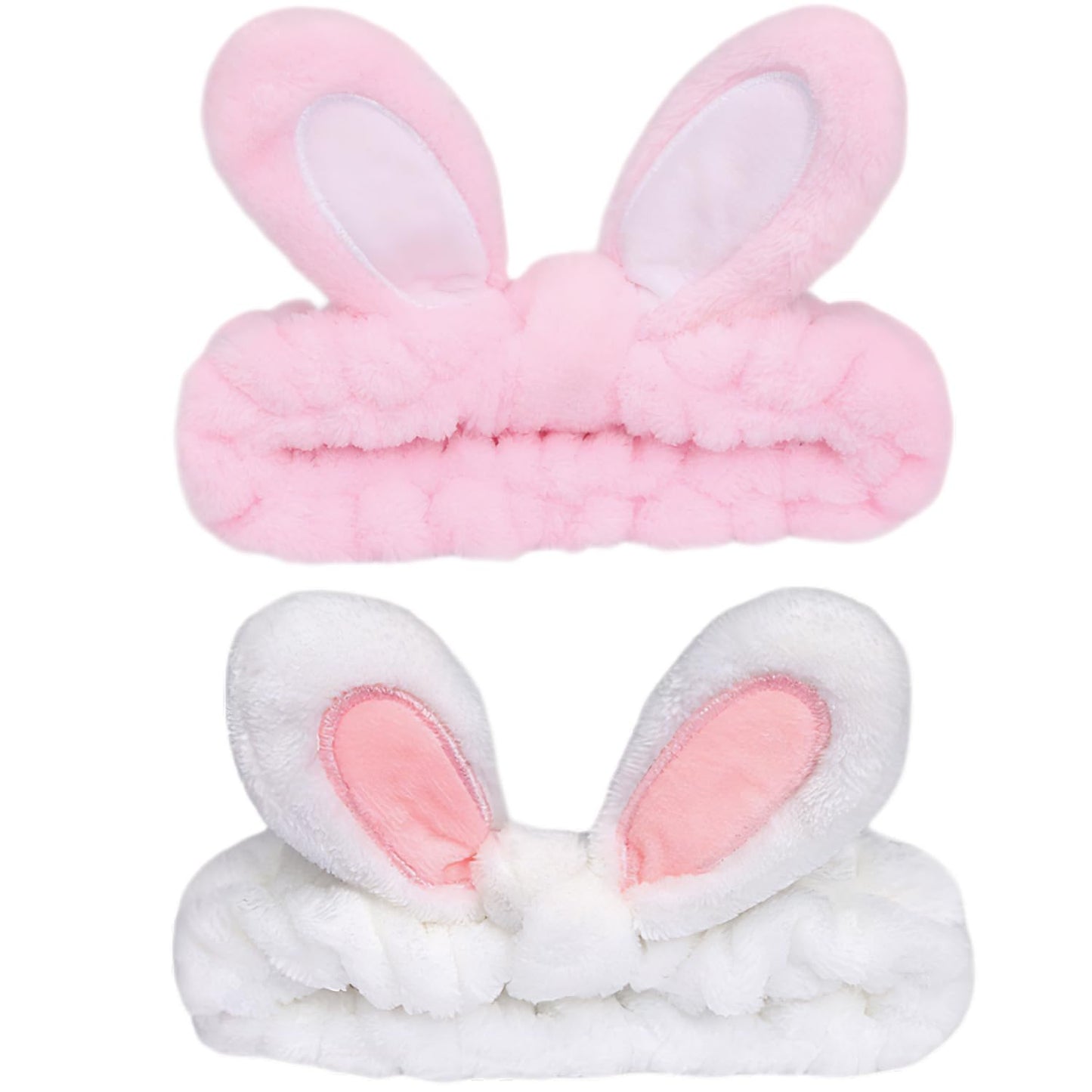 musejoy 2 Pcs Headband Bunny Ears Headband Cute Spa Headbands for Washing Face Skincare Makeup Headbands for Women Girls Trendy Stuff Present Soft Coral Fleece Hair Accessories(Pink+White)