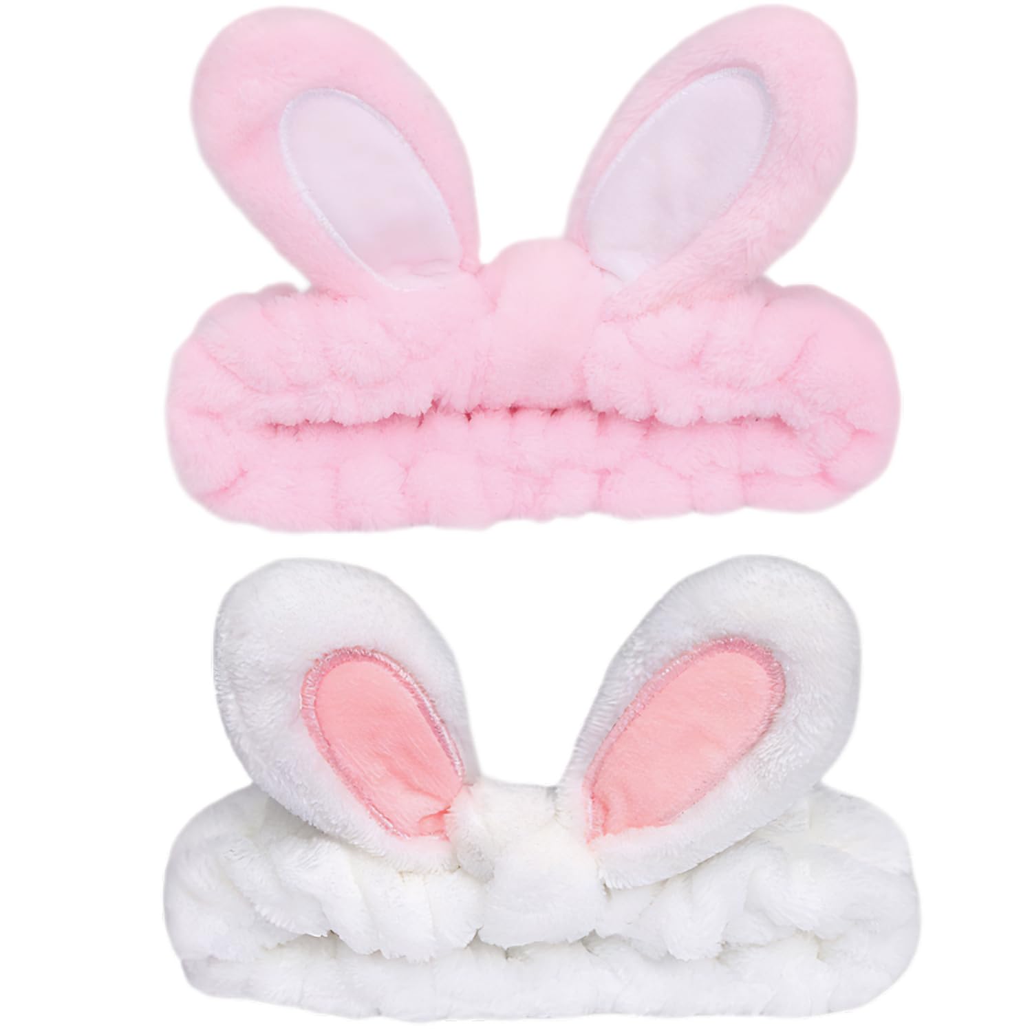 musejoy 2 Pcs Headband Bunny Ears Headband Cute Spa Headbands for Washing Face Skincare Makeup Headbands for Women Girls Trendy Stuff Present Soft Coral Fleece Hair Accessories(Pink+White)