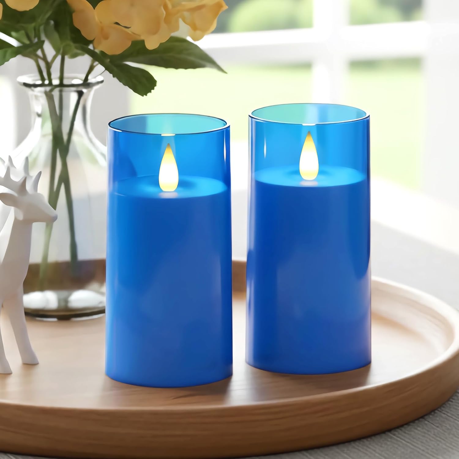 Homemory Realistic Flickering Flameless Candles, Battery Operated Candles, LED Fake Electric Candle with Remote Control and Timer for Home, Christmas Decoration, Blue, Set of 2 (H 6" 6")