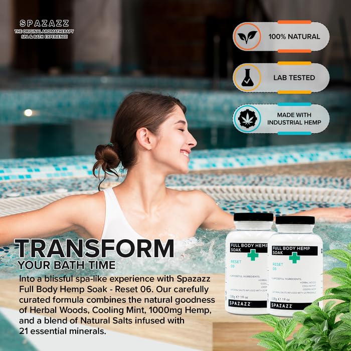 Spazazz Full Body Hemp Soak - 1000mg Hemp - Spa Hot Tub & Bath Aromatherapy Bath Salt Crystals - 538g/19oz (Reset 06)