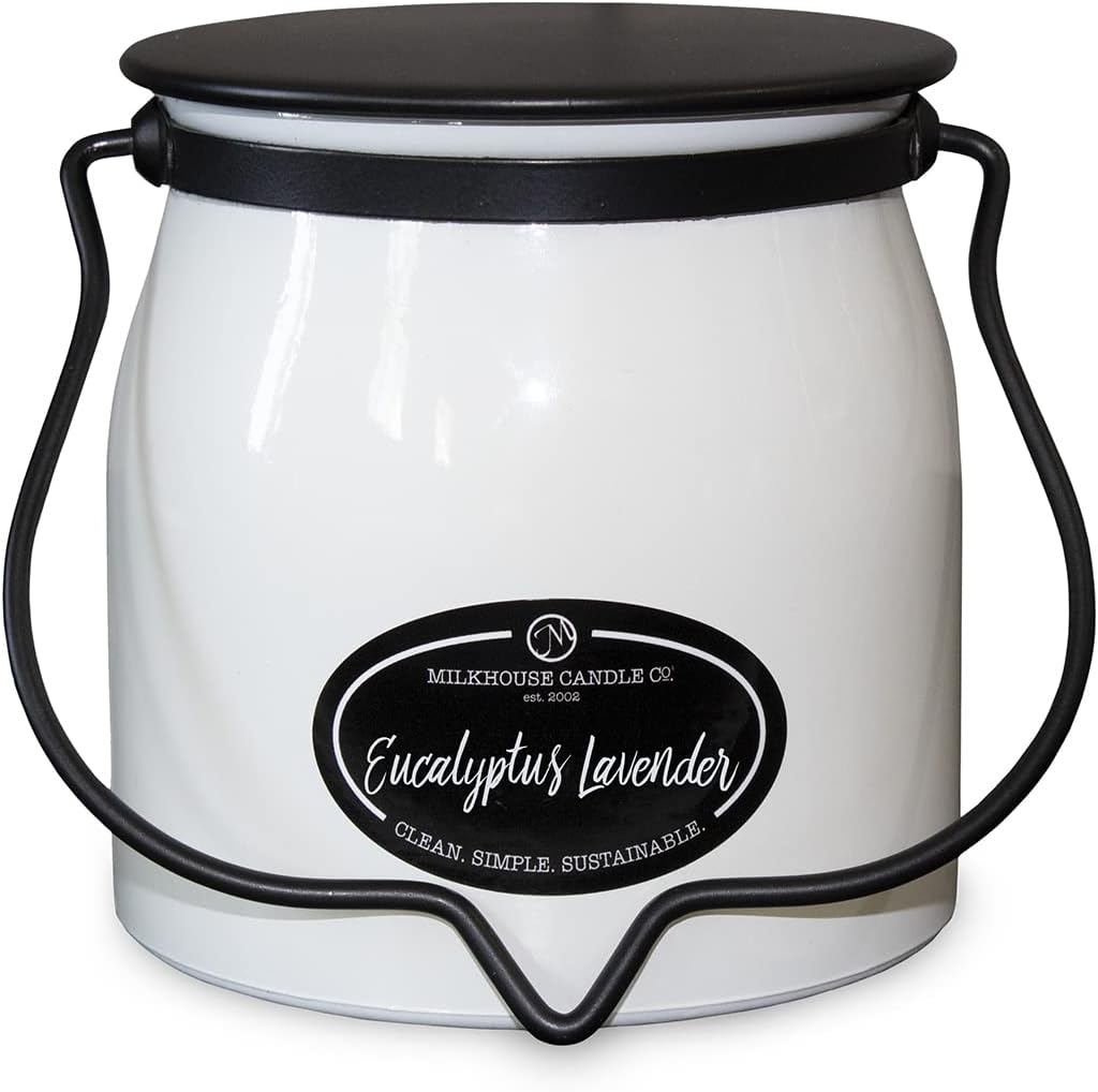 Milkhouse Candle Company Eucalyptus Lavender Soy Candle - Lavender | Eucalyptus | Soft Spice Scented - 16 oz Butter Jar with Lid, 65+ Hour Burn Time, Made in the USA