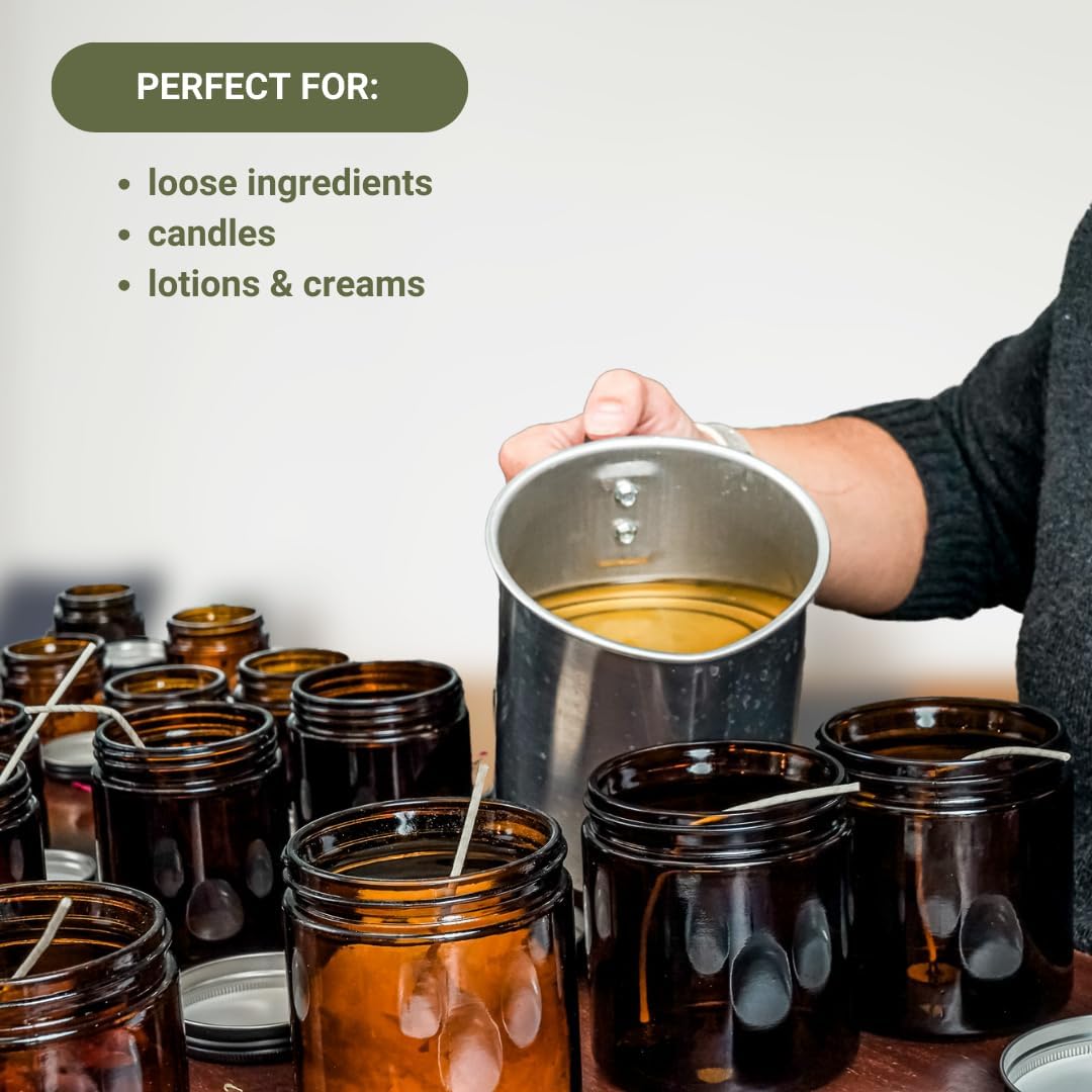 Glass Amber 16oz Jar - 12 Packs, Lead-Free Empty Round Jars For Beauty Products, Lotion, and Powders - Black Lid - Small Candle Jars
