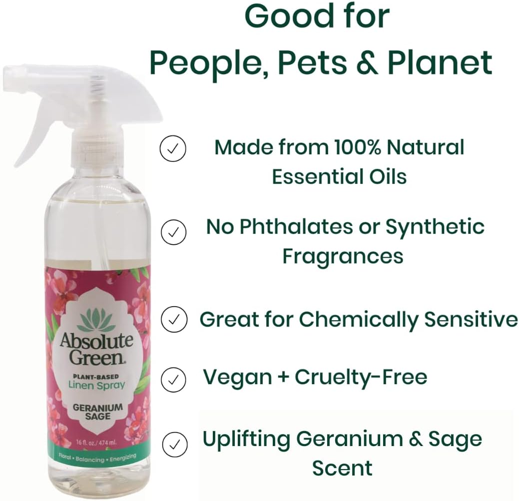 Absolute Green Linen and Fabric Spray, Fabric Freshener, Sheets, Towels, Sofa, Pet Safe, Geranium Sage Scent, 16 oz