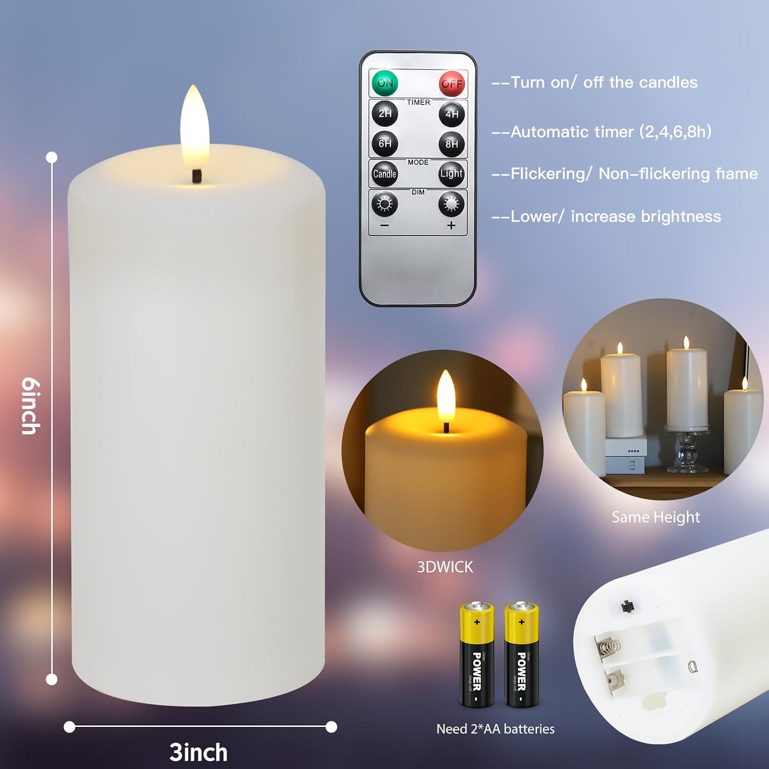 Flameless Candles Battery Operated with Remote and 2/4/6/8 H Timer, 6pcs Flickering Fake Electric Candles for Festival Wedding Home Party Decor (D3 x H 6") (White)