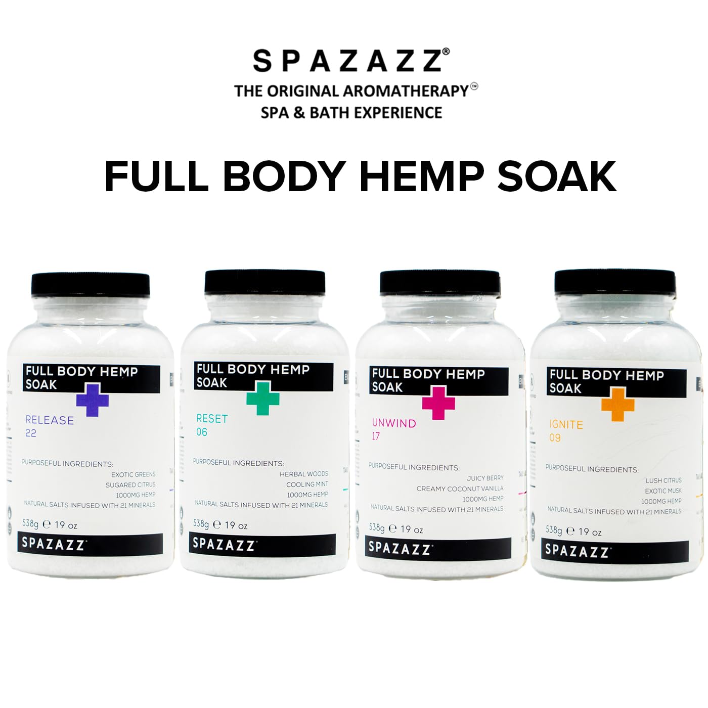 Spazazz Full Body Hemp Soak - 1000mg Hemp - Spa Hot Tub & Bath Aromatherapy Bath Salt Crystals - 538g/19oz (Reset 06)